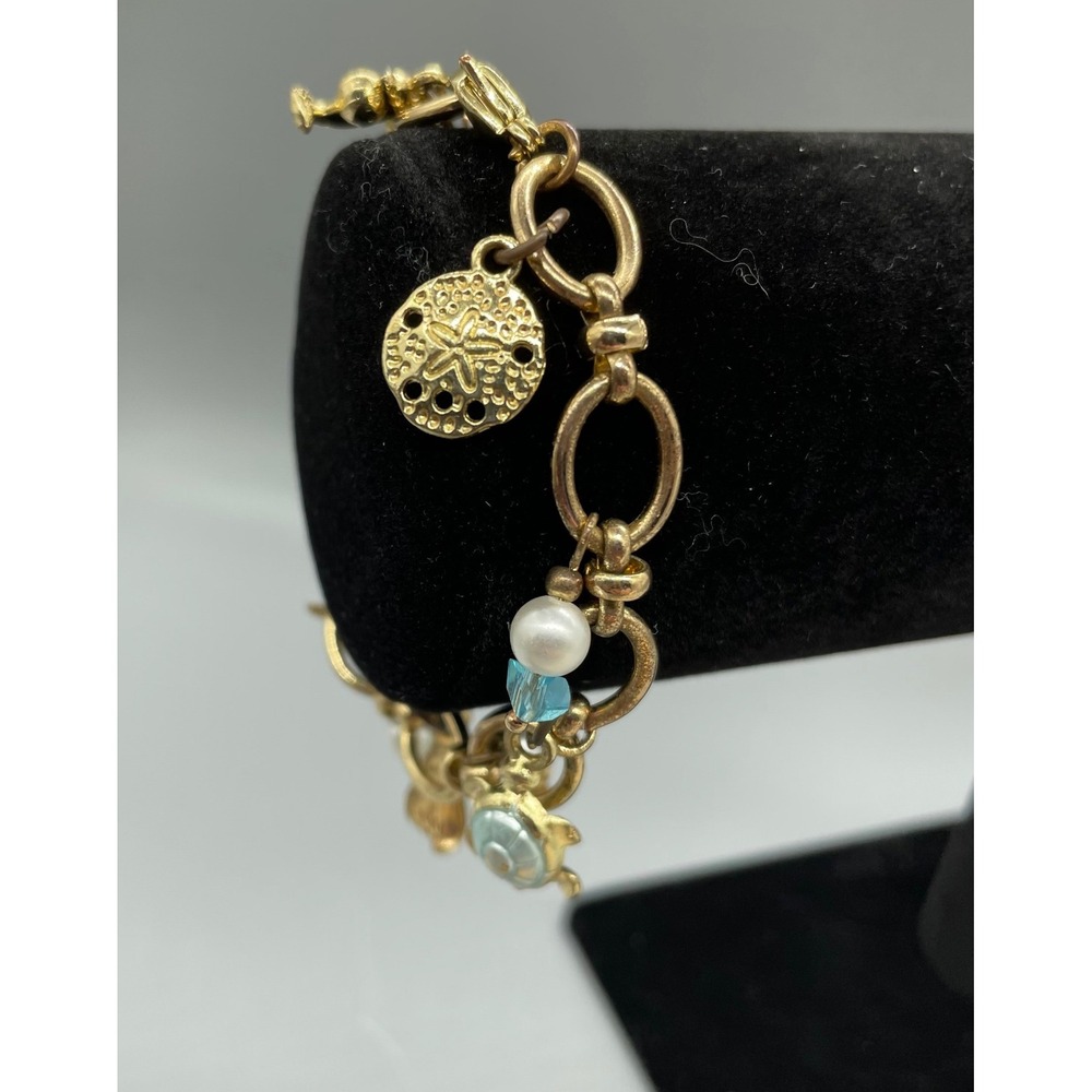 Gold Tone Nautical Ocean Charm Bracelet‎ Sea Turtle Starfish Pearl Coastal 7.5"